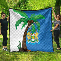 Large blue and white Sierra Leone quilt blanket with flag design, palm trees, crest