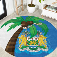 Sierra Leone round carpet, blue with coat of arms and flag map, unity freedom justice