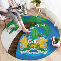 Sierra Leone round carpet, blue with coat of arms and flag map, unity freedom justice