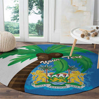 Sierra Leone round carpet, blue with coat of arms and flag map, green palm accents unity