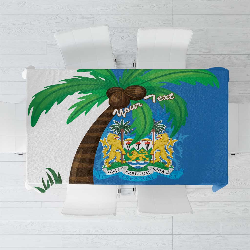 Blue tablecloth with Sierra Leone coat of arms and flag map, centered on fabric