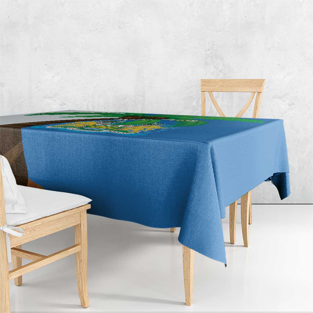 Blue tablecloth with Sierra Leone coat of arms and flag map on corner edge