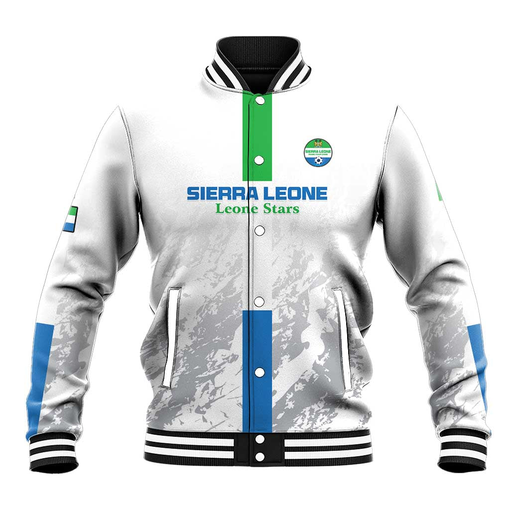 White baseball jacket with green front panel, blue stripes, ribbed collar and cuffs