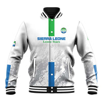 White baseball jacket with green front panel, blue stripes, ribbed collar and cuffs