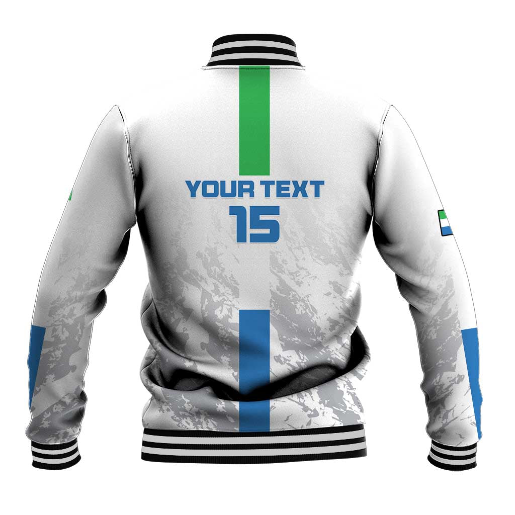 White baseball jacket back, green center stripe, 'YOURTEXT 15', ribbed collar and hem