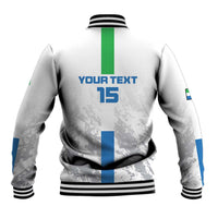 White baseball jacket back, green center stripe, 'YOURTEXT 15', ribbed collar and hem