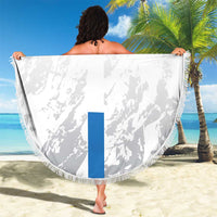 White round beach blanket with fringe, green/blue stripes and Leone Stars print, held open