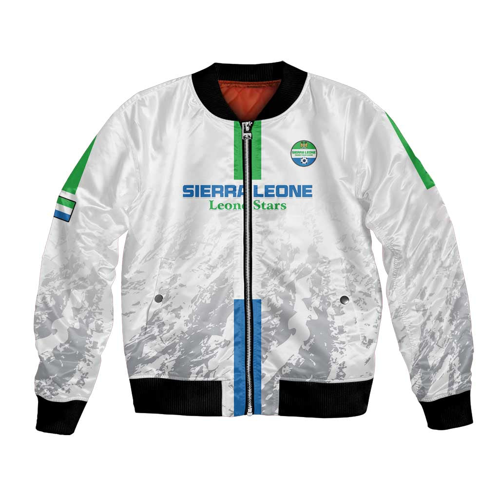 White unisex football bomber jacket, front zipper, team logo, black ribbed cuffs