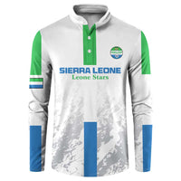 White football button sweatshirt with green front placket, blue stripes, team crest