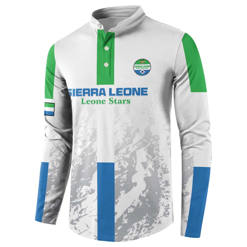 White football button sweatshirt with green placket, blue sleeve bands, team crest