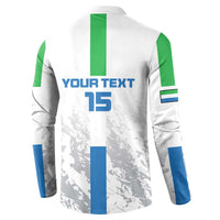 White football button sweatshirt back with green panel, blue stripe number 15
