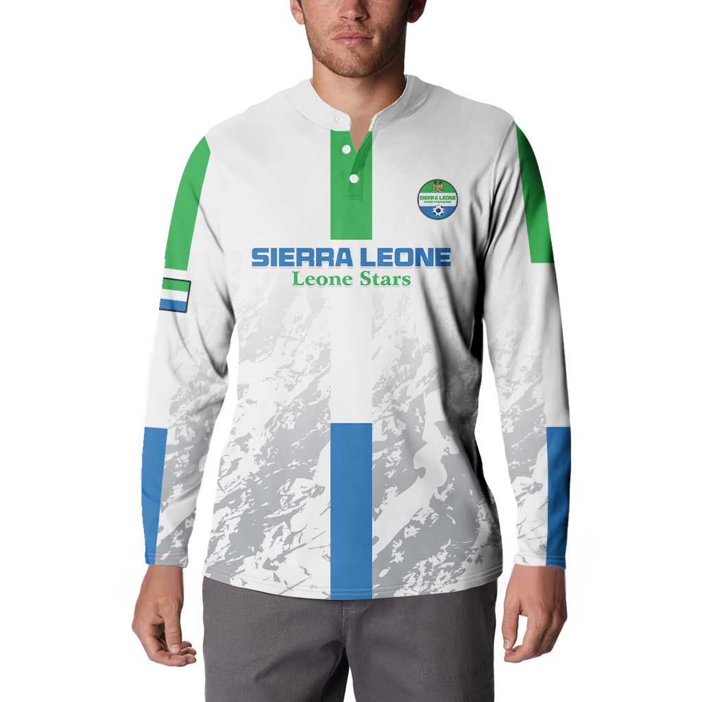 White football button sweatshirt with green placket, blue stripe accents, team crest