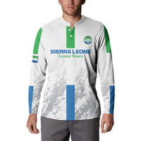 White football button sweatshirt with green placket, blue stripe accents, team crest
