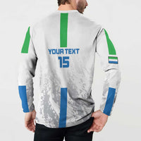 White football button sweatshirt back with green panel and blue number 15 stripe