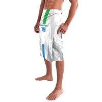 White football lavalava with green-top stripe and blue side stripe, number 15 print