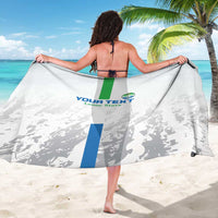 White sarong with gray map pattern and blue vertical stripe, back wrap with ties