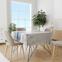 Light gray football tablecloth with blue border stripe and player silhouette print