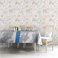 Gray football tablecloth with blue stripe and player silhouette print on rectangular table