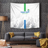 White wall tapestry with vertical green/blue stripes, YOUR TEXT, and Leone Stars