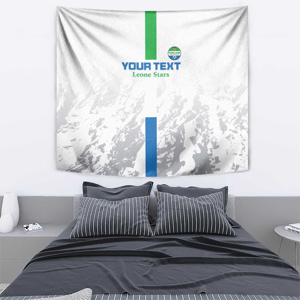White tapestry with green and blue vertical bars, YOUR TEXT, and Leone Stars logo