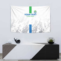 White hanging tapestry with green top bar, blue bottom bar, YOUR TEXT, and Leone Stars