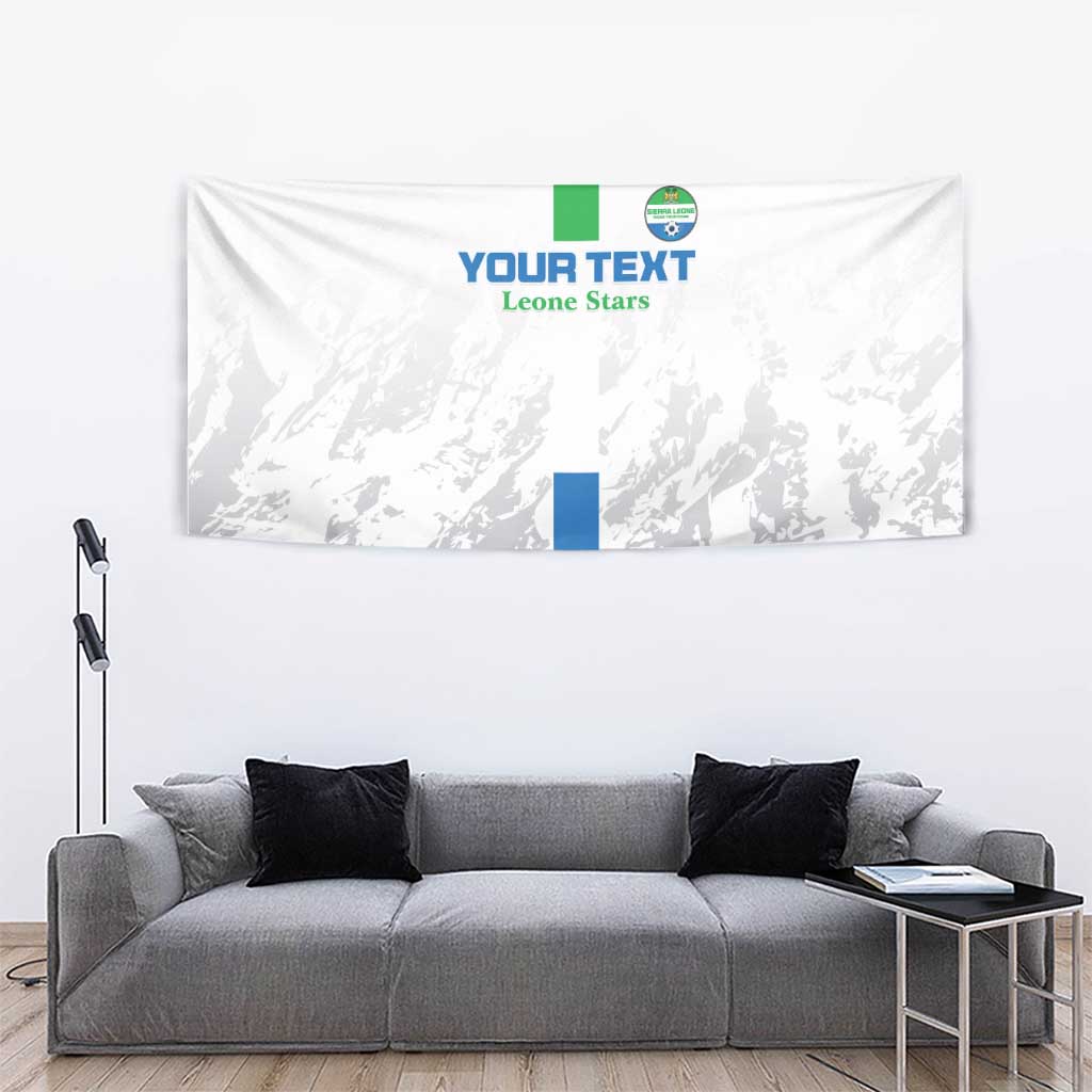 White tapestry with green and blue vertical bars, YOUR TEXT, and Leone Stars emblem