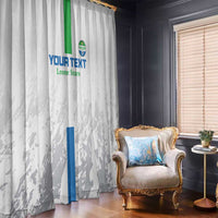White football window curtain with custom blue “YOUR TEXT” and green “Leone Stars” emblem