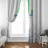 White football window curtain with custom text panels and moulded gray camouflage print