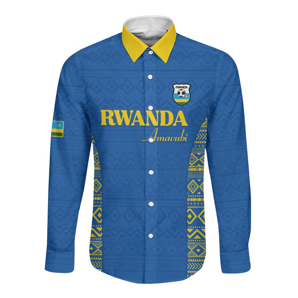 Rwanda Football Custom Long Sleeve Button Shirt Stand With Amavubi - Blue - Wonder Print Shop