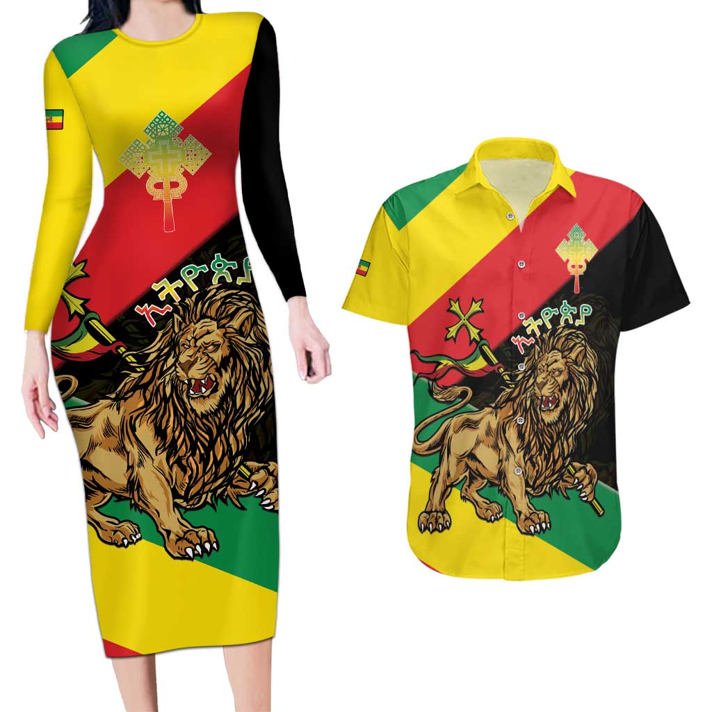 Ethiopia Empire 1270-1974 Couples Matching Long Sleeve Bodycon Dress and Hawaiian Shirt Lion Of Judah With Ethiopian Cross