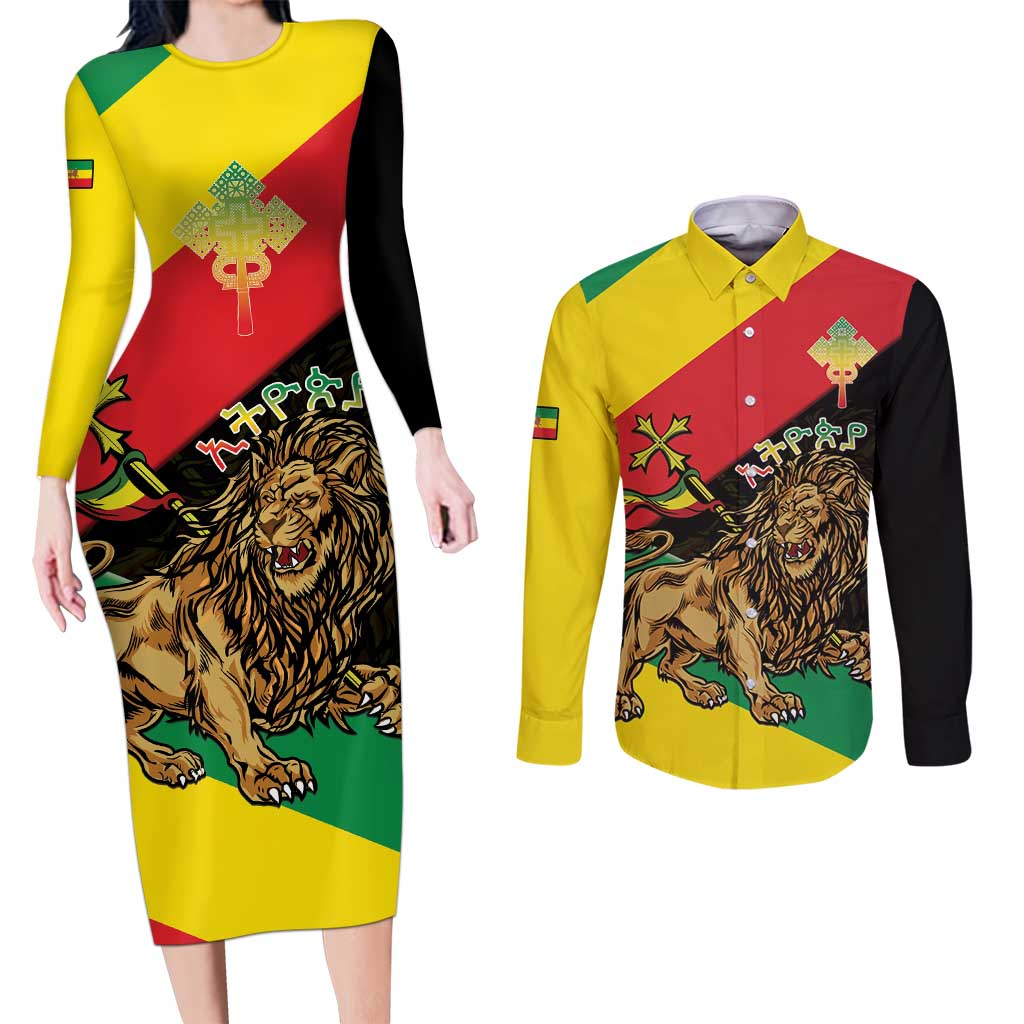 Ethiopia Empire 1270-1974 Couples Matching Long Sleeve Bodycon Dress and Long Sleeve Button Shirt Lion Of Judah With Ethiopian Cross