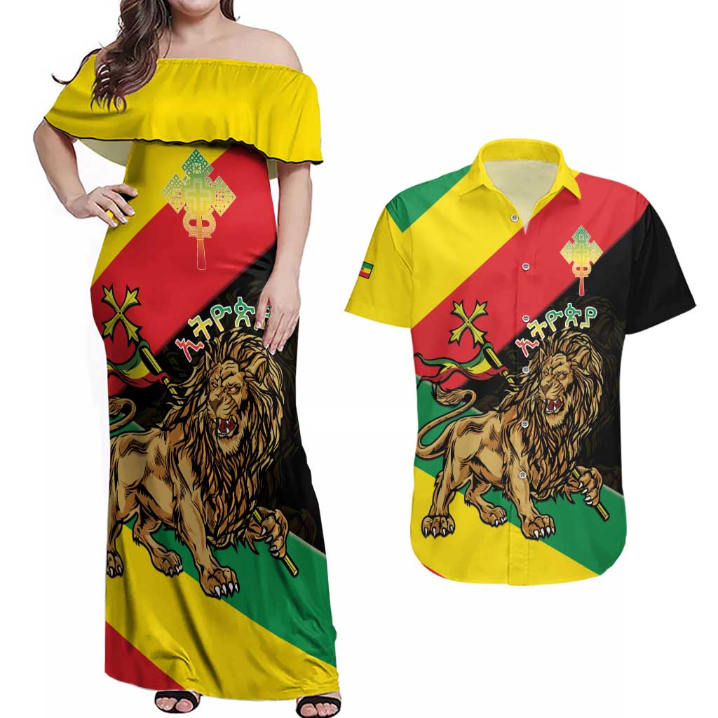 Ethiopia Empire 1270-1974 Couples Matching Off Shoulder Maxi Dress and Hawaiian Shirt Lion Of Judah With Ethiopian Cross