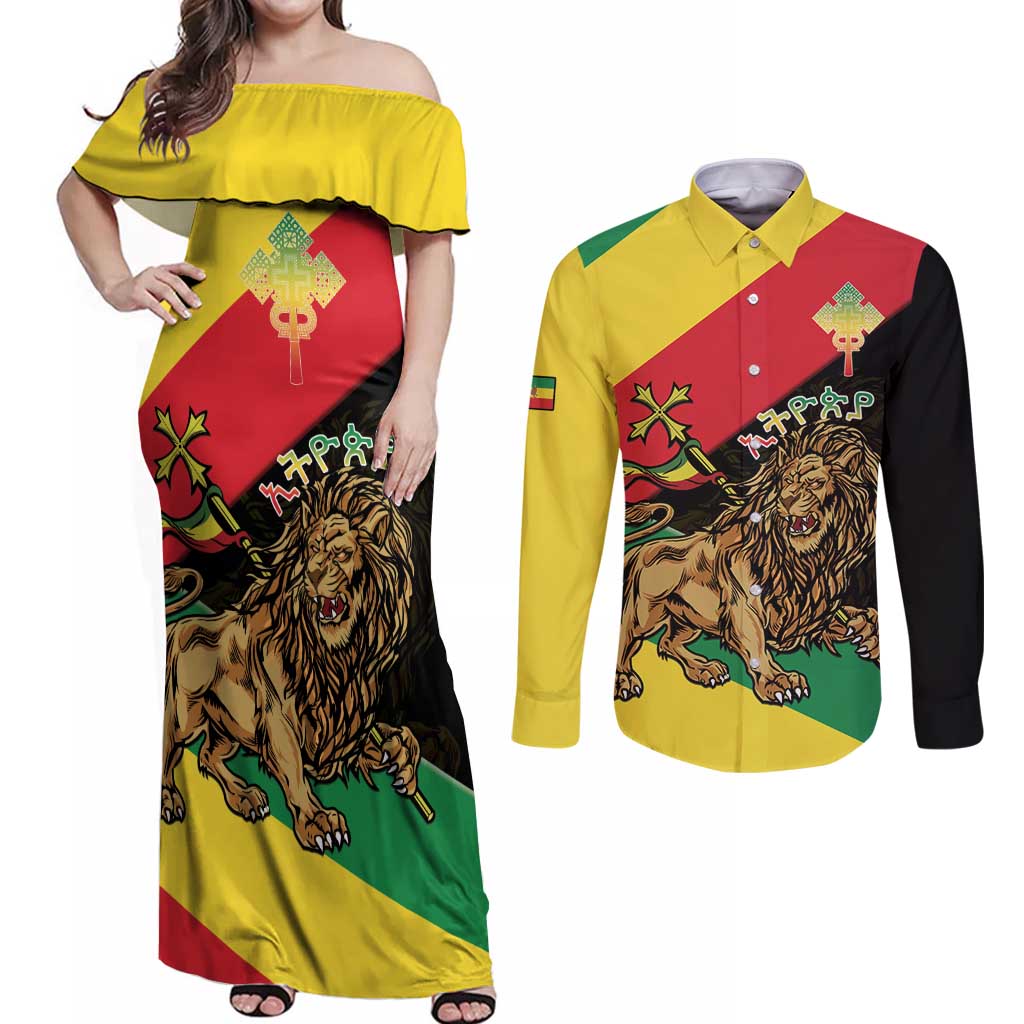 Ethiopia Empire 1270-1974 Couples Matching Off Shoulder Maxi Dress and Long Sleeve Button Shirt Lion Of Judah With Ethiopian Cross