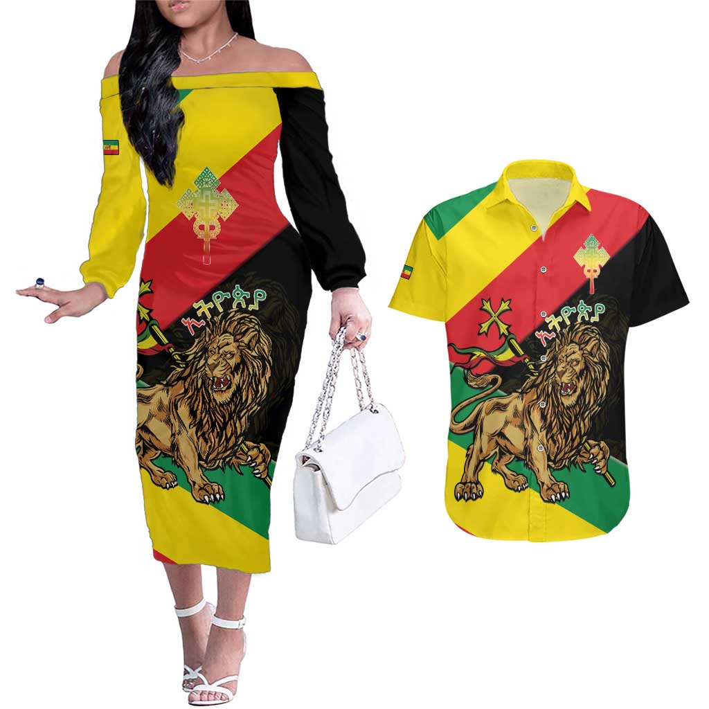 Ethiopia Empire 1270-1974 Couples Matching Off The Shoulder Long Sleeve Dress and Hawaiian Shirt Lion Of Judah With Ethiopian Cross