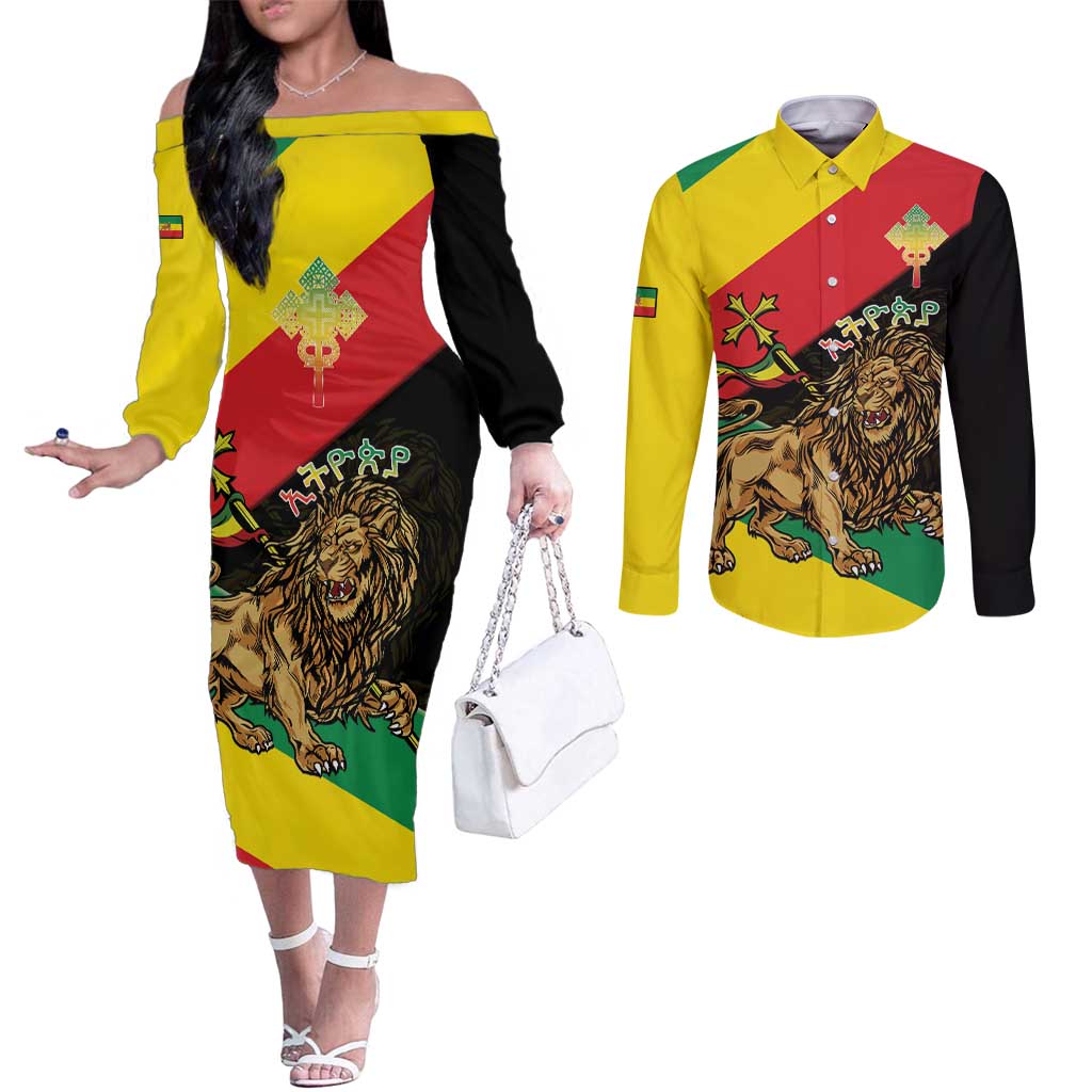 Ethiopia Empire 1270-1974 Couples Matching Off The Shoulder Long Sleeve Dress and Long Sleeve Button Shirt Lion Of Judah With Ethiopian Cross