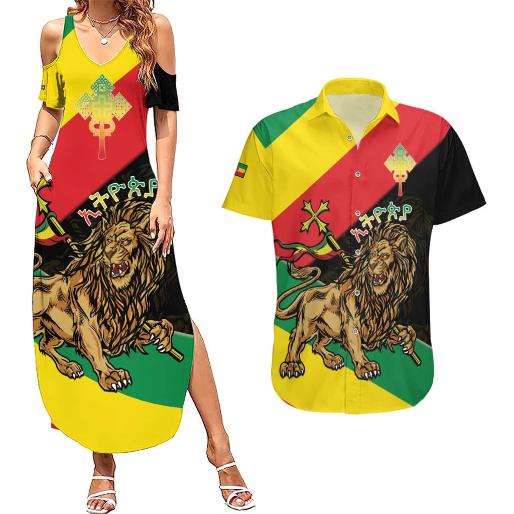 Ethiopia Empire 1270-1974 Couples Matching Summer Maxi Dress and Hawaiian Shirt Lion Of Judah With Ethiopian Cross