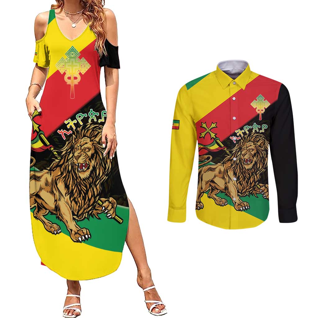 Ethiopia Empire 1270-1974 Couples Matching Summer Maxi Dress and Long Sleeve Button Shirt Lion Of Judah With Ethiopian Cross