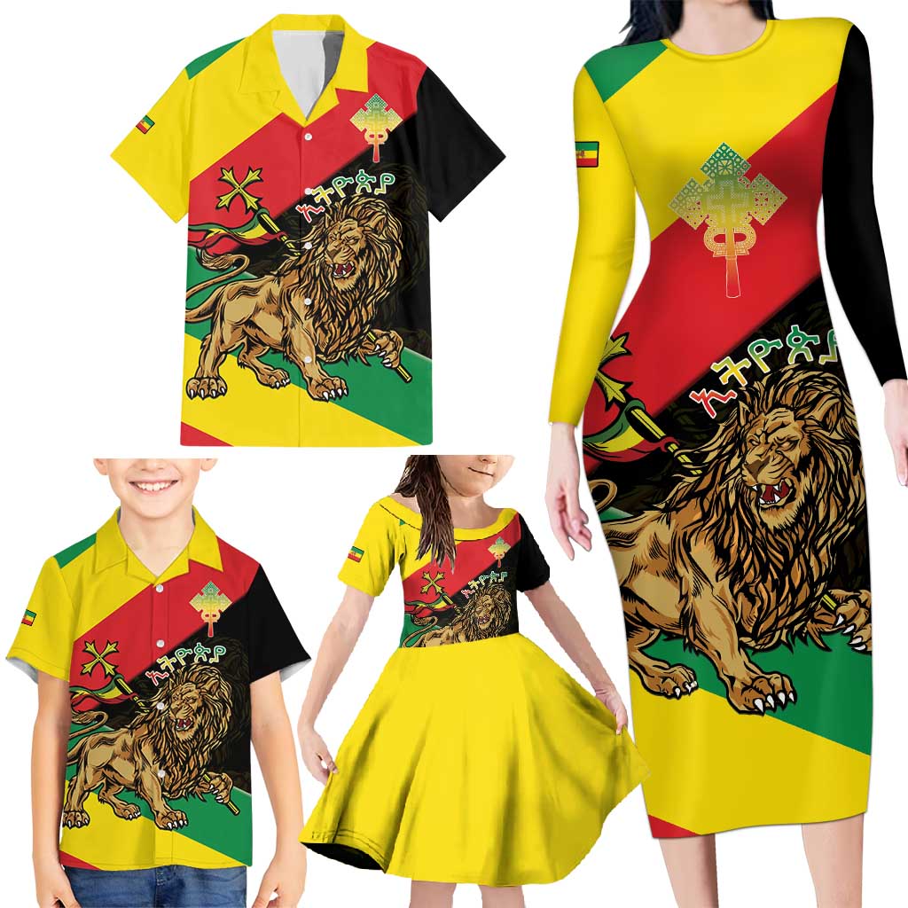 Ethiopia Empire 1270-1974 Family Matching Long Sleeve Bodycon Dress and Hawaiian Shirt Lion Of Judah With Ethiopian Cross