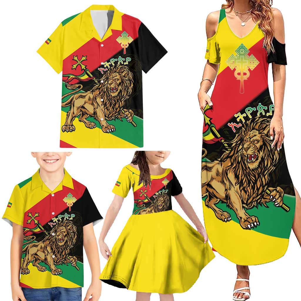 Ethiopia Empire 1270-1974 Family Matching Summer Maxi Dress and Hawaiian Shirt Lion Of Judah With Ethiopian Cross