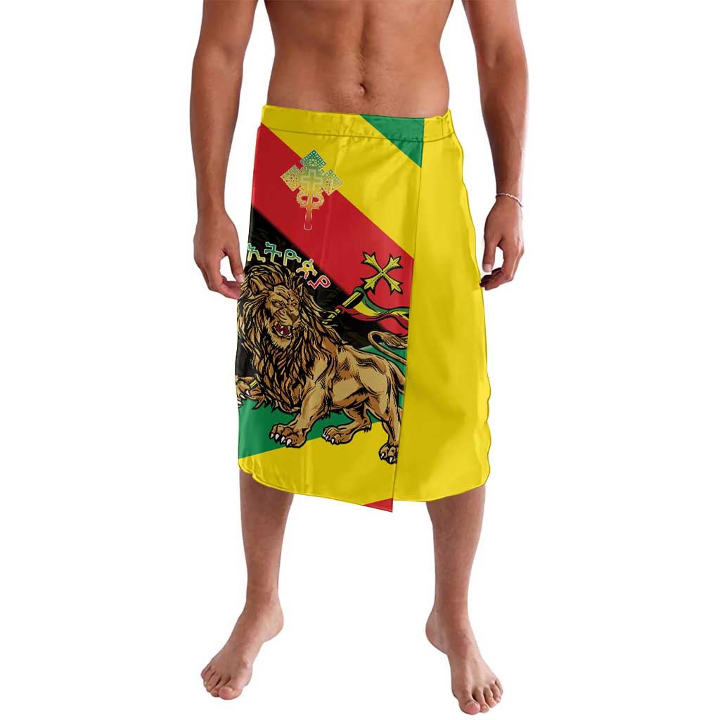 Yellow sarong skirt with Lion of Judah and Ethiopian cross print, front view