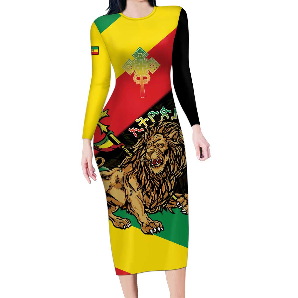 Ethiopia Empire 1270-1974 Long Sleeve Bodycon Dress Lion Of Judah With Ethiopian Cross