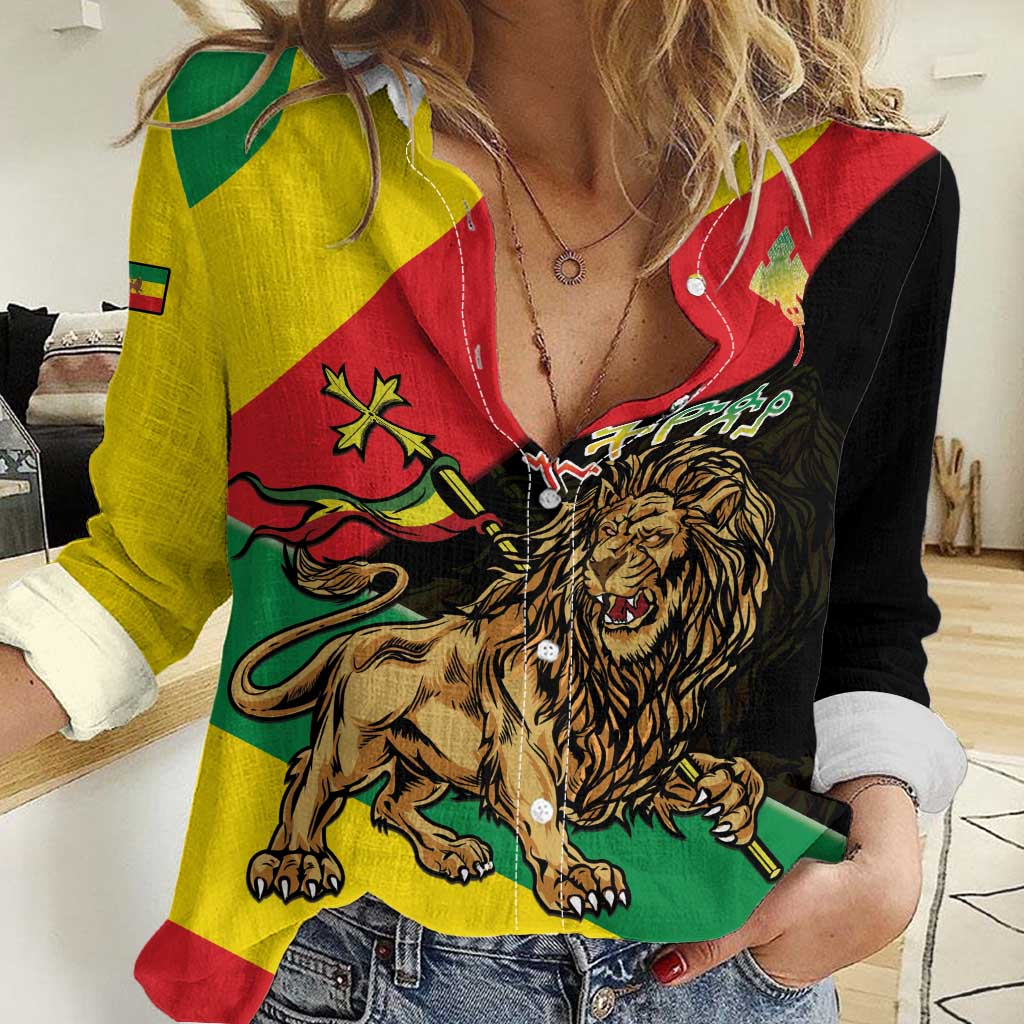 Ethiopia Empire 1270-1974 Women Casual Shirt Lion Of Judah With Ethiopian Cross