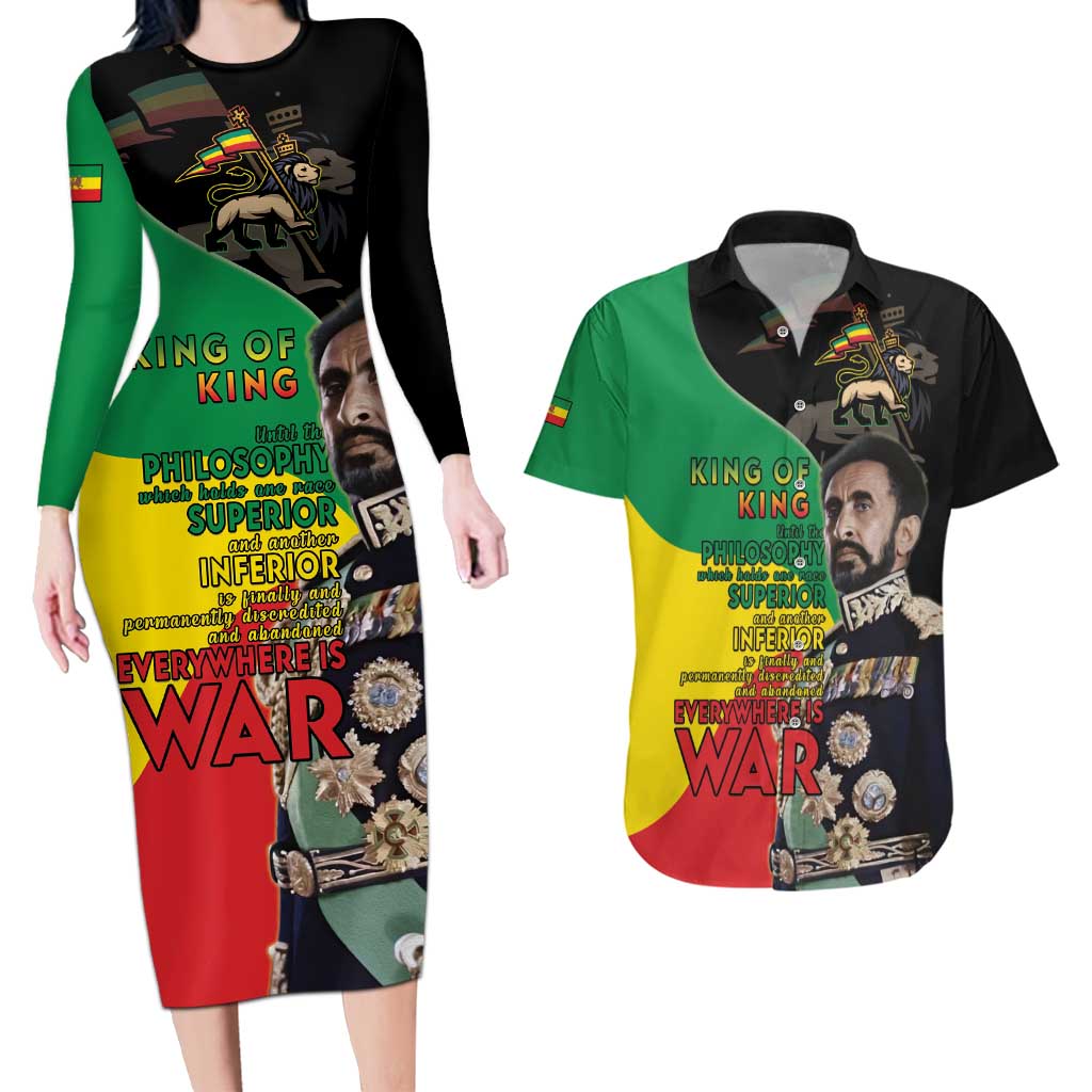 Haile Selassie Couples Matching Long Sleeve Bodycon Dress and Hawaiian Shirt Lion Of Judah Ethiopia Rastafari