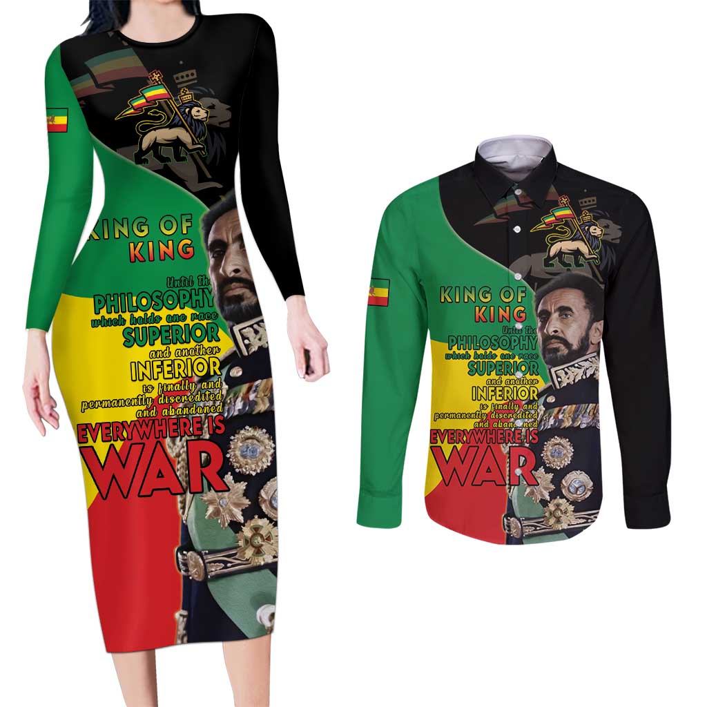 Haile Selassie Couples Matching Long Sleeve Bodycon Dress and Long Sleeve Button Shirt Lion Of Judah Ethiopia Rastafari