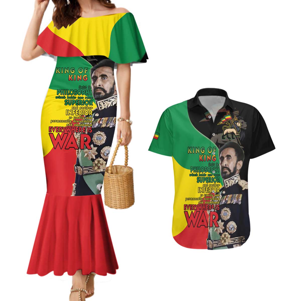 Haile Selassie Couples Matching Mermaid Dress and Hawaiian Shirt Lion Of Judah Ethiopia Rastafari