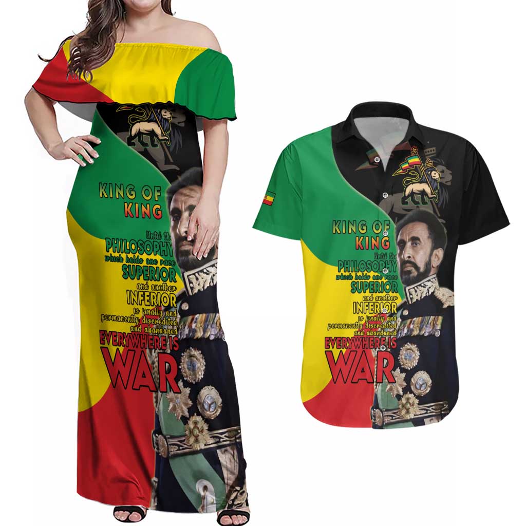 Haile Selassie Couples Matching Off Shoulder Maxi Dress and Hawaiian Shirt Lion Of Judah Ethiopia Rastafari