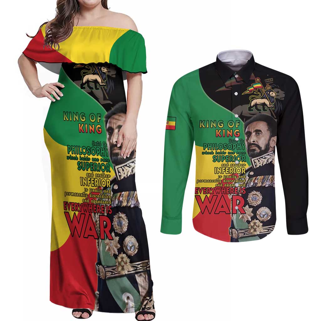 Haile Selassie Couples Matching Off Shoulder Maxi Dress and Long Sleeve Button Shirt Lion Of Judah Ethiopia Rastafari