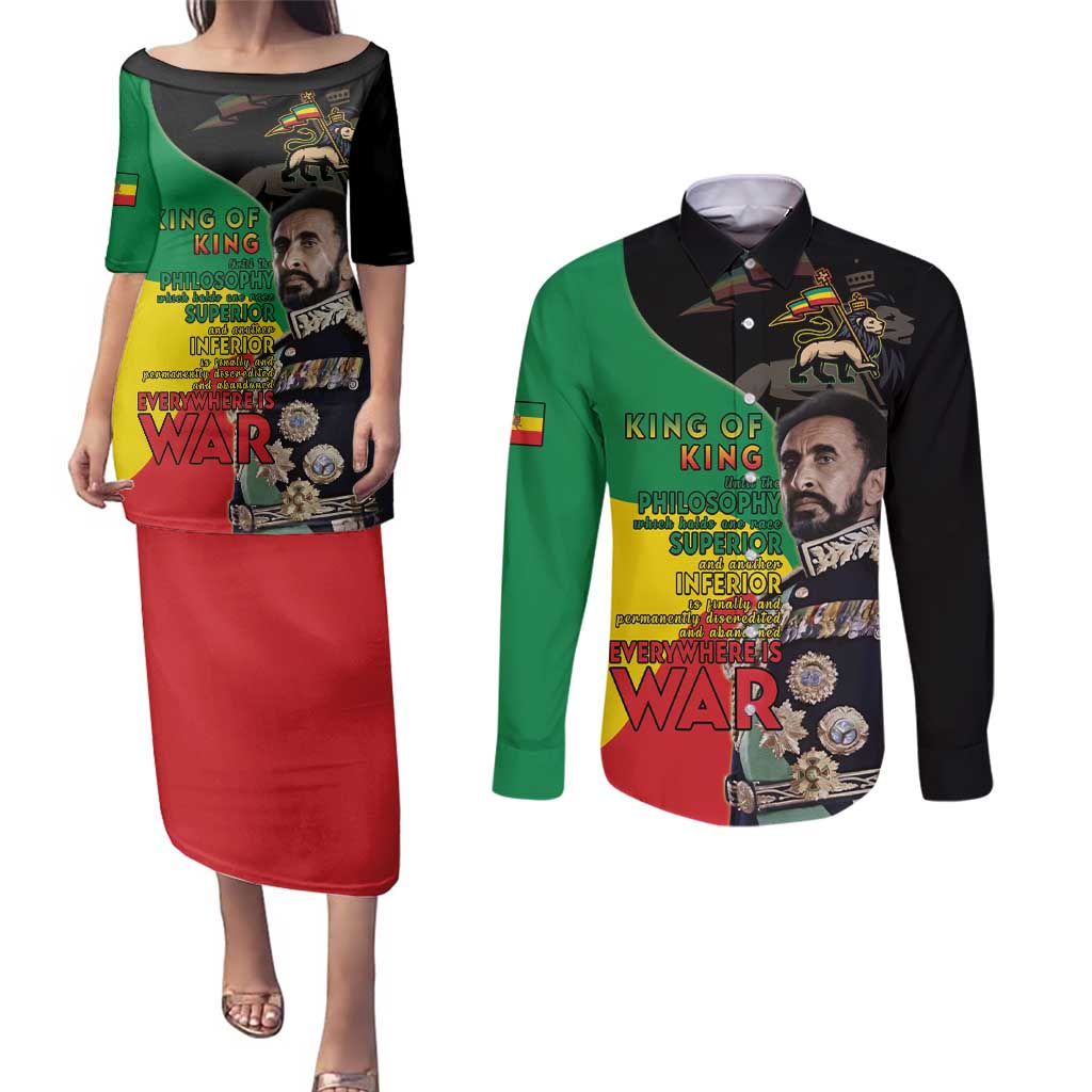 Haile Selassie Couples Matching Puletasi and Long Sleeve Button Shirt Lion Of Judah Ethiopia Rastafari