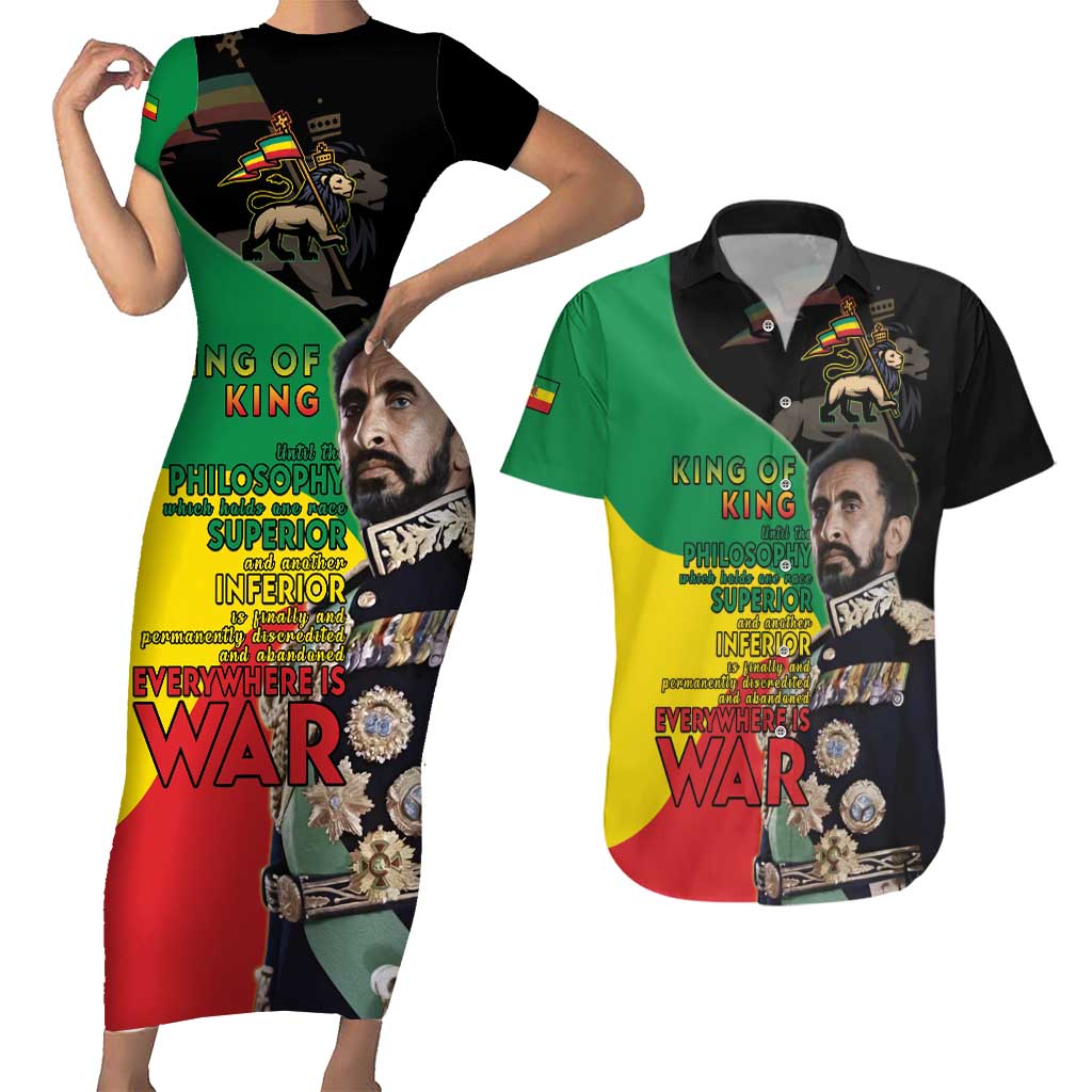 Haile Selassie Couples Matching Short Sleeve Bodycon Dress and Hawaiian Shirt Lion Of Judah Ethiopia Rastafari