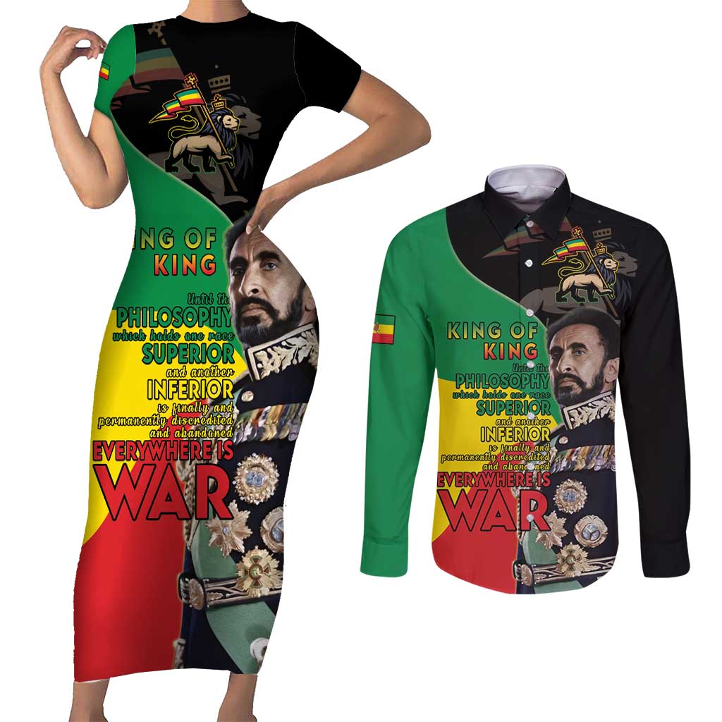 Haile Selassie Couples Matching Short Sleeve Bodycon Dress and Long Sleeve Button Shirt Lion Of Judah Ethiopia Rastafari